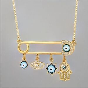 18k Gold Boho Evil Eye Safety Pin
Pendant Necklace